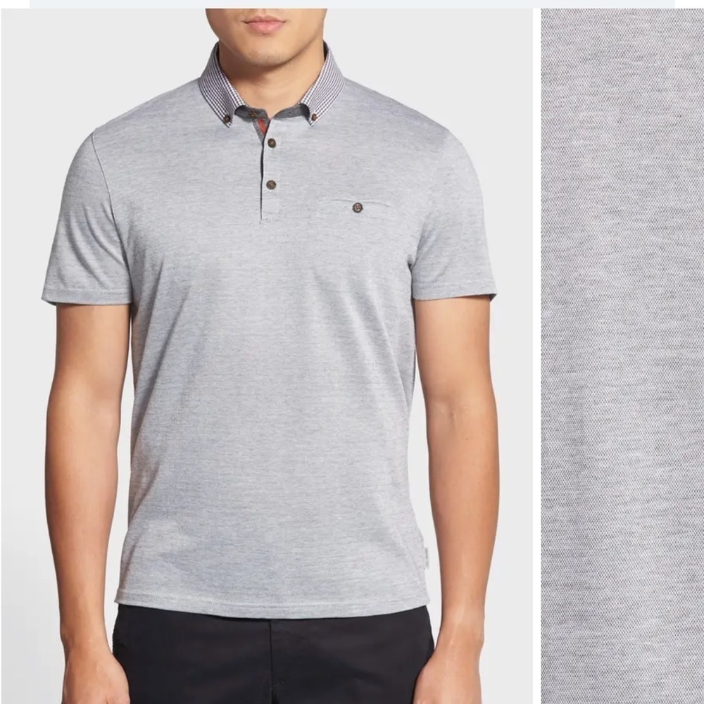 Ted Baker Mens Tilnor Oxford Polo Checked Collar Trim Fit Gray Sz 4 Large